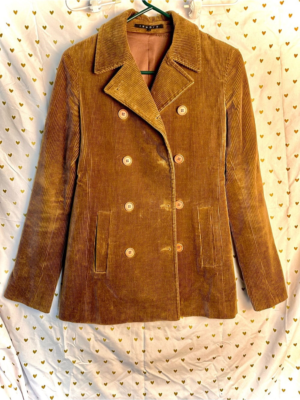 Theory Vintage Camel Brown Corduroy Double-Breasted Pea Coat Jacket Size P